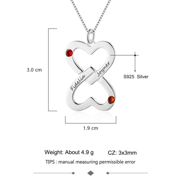 Personalized Women’s 925 Sterling Silver Necklace with Inverted Heart Shape Engrave Name & Birthstones Pendant, Trendy Fashion Jewelry