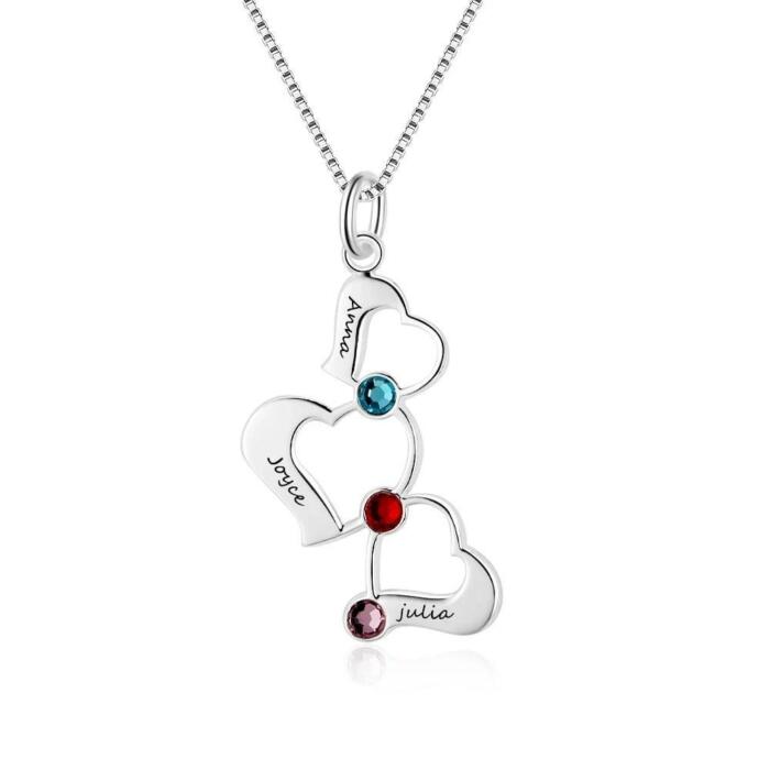 Personalized 925 Sterling Silver Necklace with 3 Hollow Heart Design, Custom Birthstone & Name Engraved Pendant