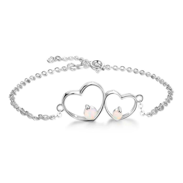 Double Heart Sterling Silver Bracelet Bangles - Milky Opal Stone Design