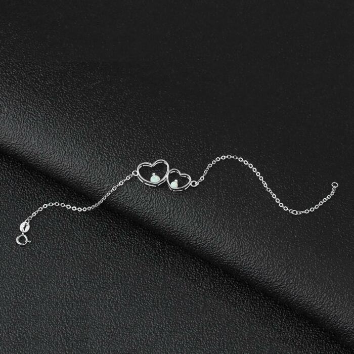 Double Heart 925 Sterling Silver Bracelet Bangles, Milky Opal Stone Design Silver Bracelet, Jewelry Gift for Women