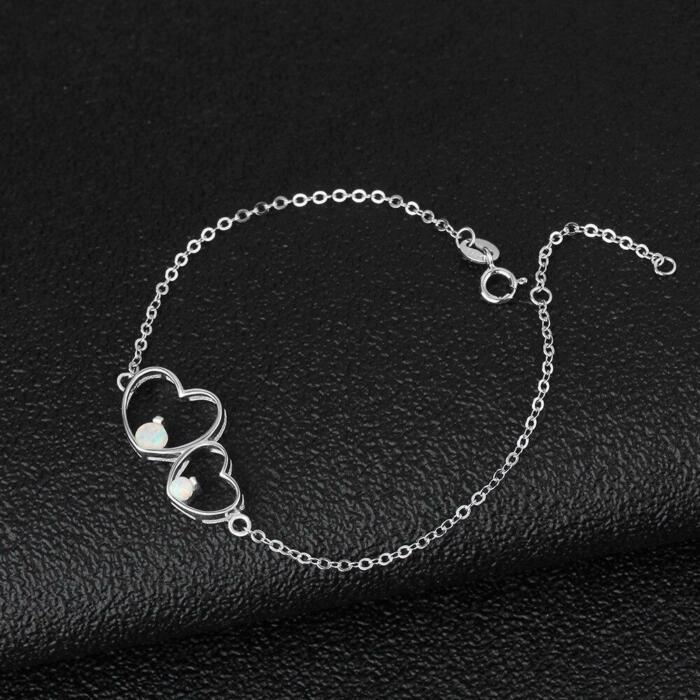 Double Heart Sterling Silver Bracelet Bangles - Milky Opal Stone Design