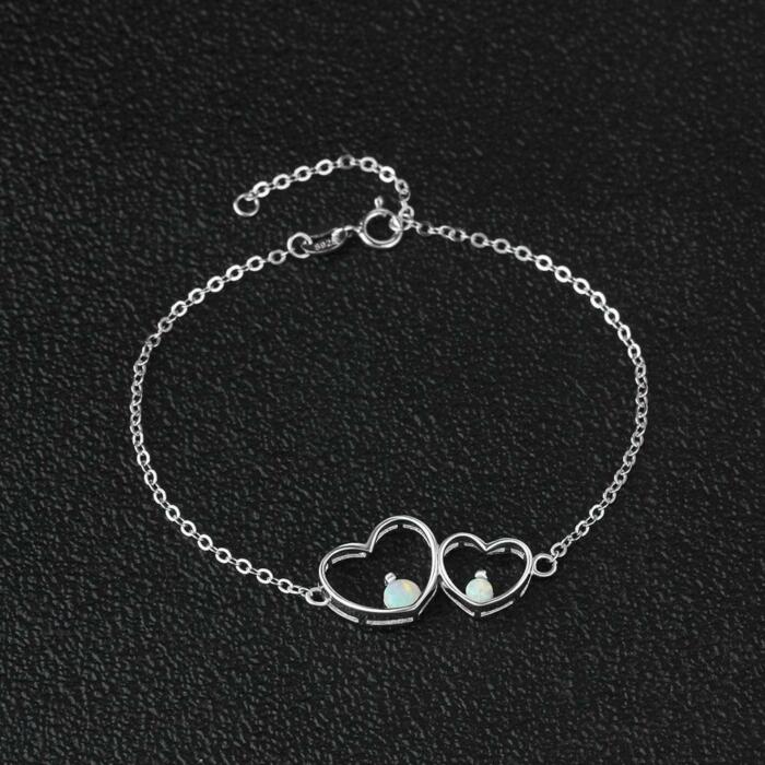 Double Heart 925 Sterling Silver Bracelet Bangles, Milky Opal Stone Design Silver Bracelet, Jewelry Gift for Women