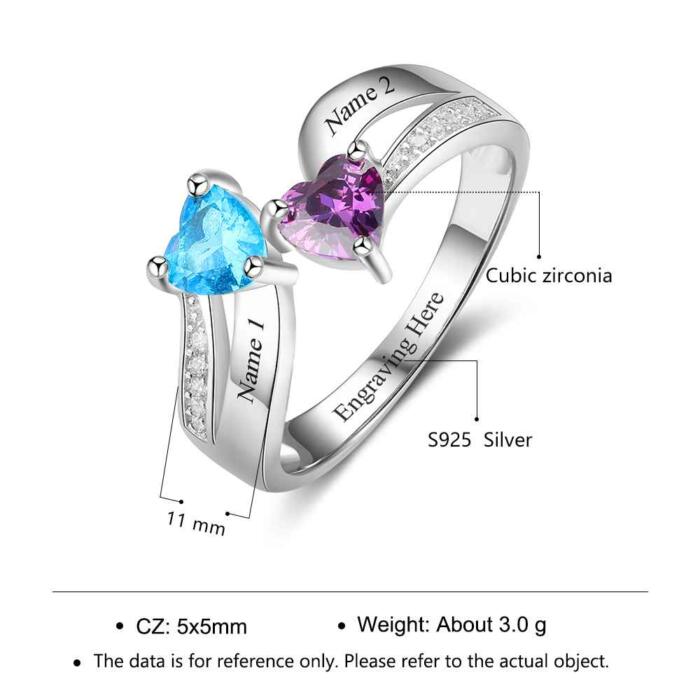 Personalized 925 Sterling Silver Ring - Custom Heart Shape Birthstone - Engraved Custom Names