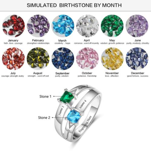 Personalized 925 Sterling Silver Promise Rings for Women – Custom Heart Birthstones – Engraved 2 Texts – Trendy Jewelry Gift