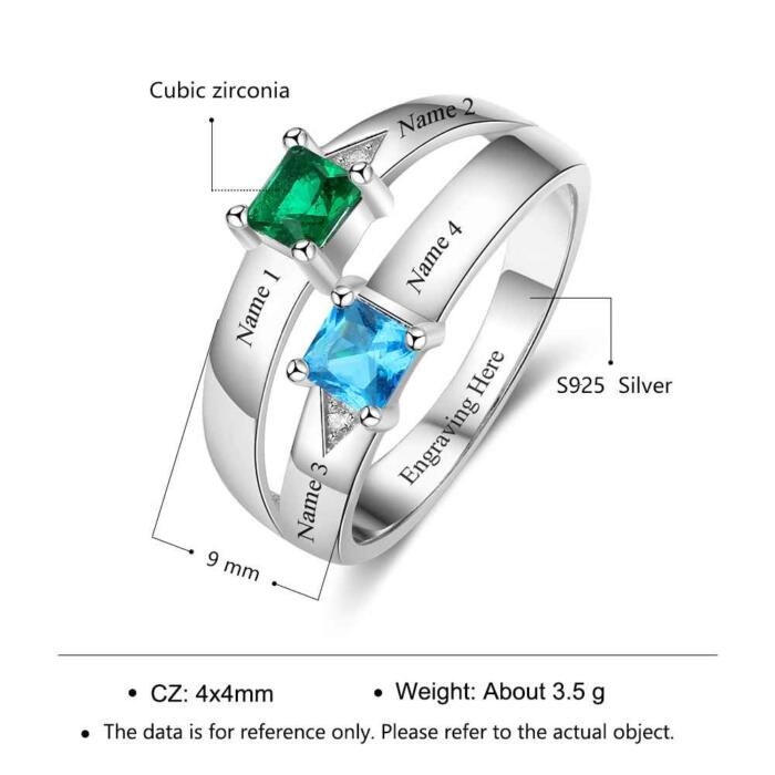 Personalized Love Rings - Engraved Double Layers Four Names & Birthstone Ring - Sterling Silver Ring