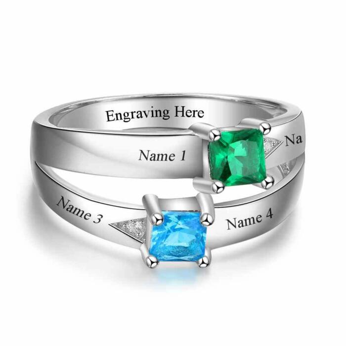 Personalized Family Love Rings - Engraved Double Layer Four Names & Birthstone Ring - 925 Sterling Silver Promise Rings - Elegant Jewelry Gift Choice for Friends, Family Cousins & Siblings