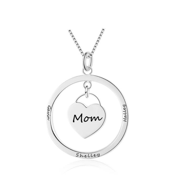 Personalized Sterling Silver Name Engraved Necklace with Heart Designed Dangling Round Pendant
