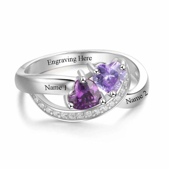 925 Sterling Silver Heart Birthstone Custom 2 Names Engraved Ring, Fashion Jewelry Gift for Women