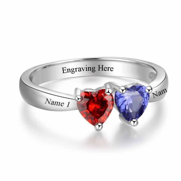 Personalized 925 Sterling Silver Promise Rings for Women – Custom Double Heart Birthstones – Engrave Names – Trendy Jewelry Gift