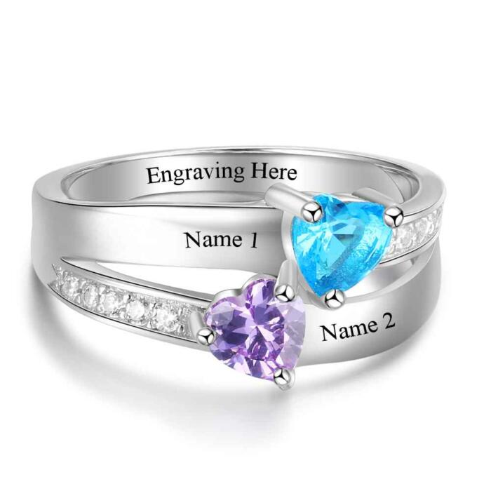 Sterling Silver 2 Heart Birthstone Ring Personalized with Custom Engrave Names