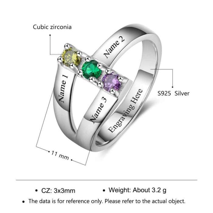 Personalized Sterling Silver Ring with Birthstone setting - Special with Names of Children Engravings