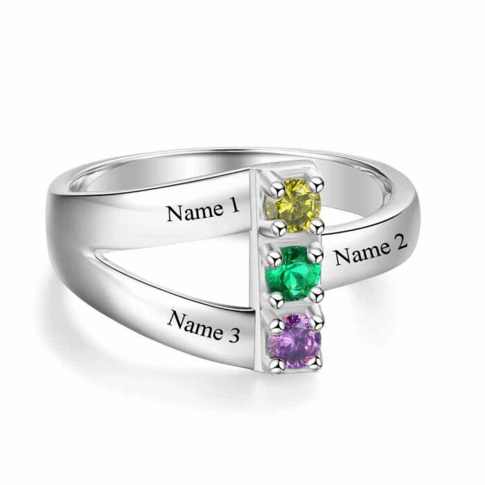 Personalized 925 Sterling Silver Ring with Birthstone setting, Special Gift for Mother with Names of Children Engravings, Gift for Family Member