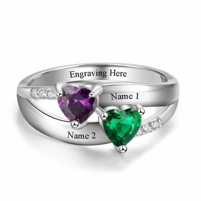 Personalized 925 Sterling Silver Ring - Double Heart Birthstone - Custom Engraved Names - Customized Gift