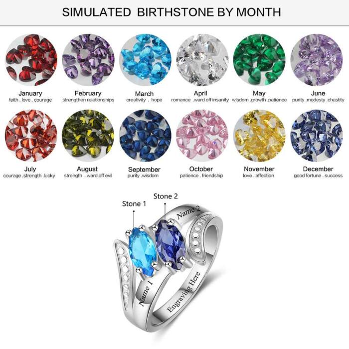Personalized Sterling Silver Promise Ring - Customize Cubic Zirconia Birthstones & Engrave Name