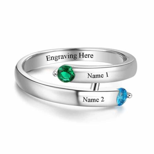 Personalized 925 Sterling Silver Ring for Women- Custom 2 Birthstones and Names Engraving Ring for Lovers