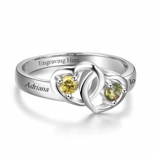 Personalized 925 Sterling Silver Heart to Heart PromiseRings for Women – Engraved Names& Custom Birthstones – Trendy Jewelry