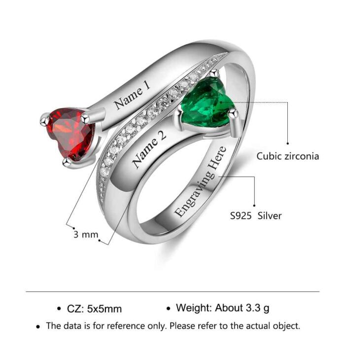 Personalized 925 Sterling Silver Engraved 2 Name Heart Birthstone Rings, Trendy Fashion Jewelry Gift
