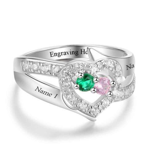 Personalized Sterling Silver Ring – Engrave 2 Names – Custom Two Birthstones