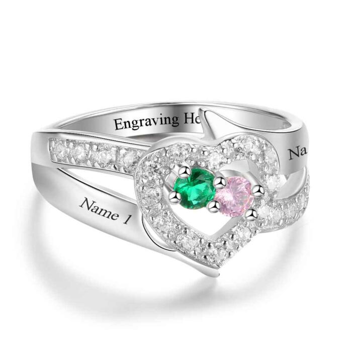 Personalized Women’s 925 Sterling Silver Ring – Engrave 2 Names – Custom Two Birthstones – Trendy Anniversary Jewelry