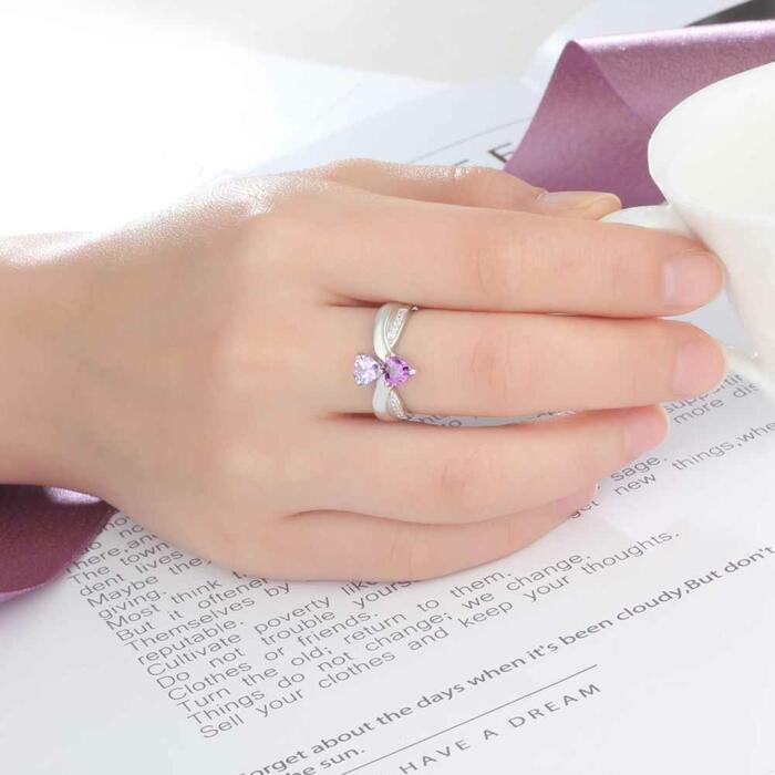 Heart-shaped Personalized 925 Sterling Silver Ring Engraved with Birthstone, Gift of Love