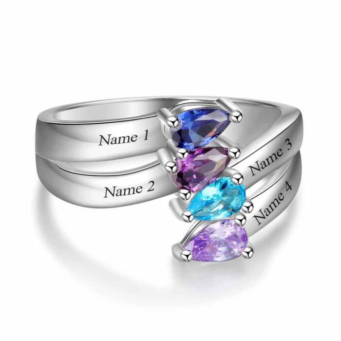 Personalized Sterling Silver Engraved 4 Names Sister Birthstone Ring