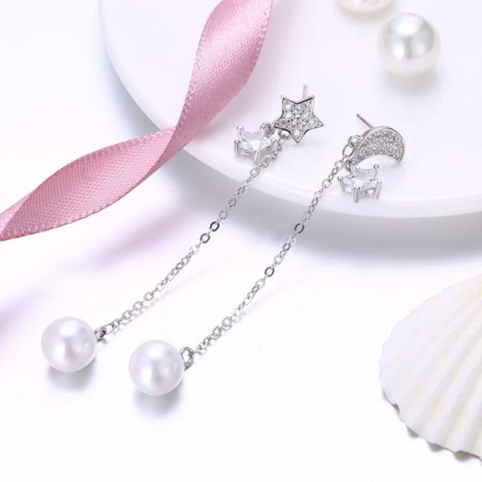 Pearl Moon Dangle Earrings- Solid Sterling Silver Earrings- Silver Dangle Earrings for Women- Party Accessories for Women- Simulated Dangle Earrings for Women