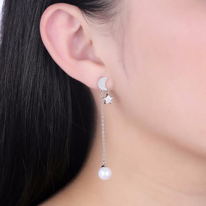 Pearl Moon Dangle Earrings- Solid Sterling Silver Earrings- Silver Dangle Earrings for Women- Party Accessories for Women- Simulated Dangle Earrings for Women