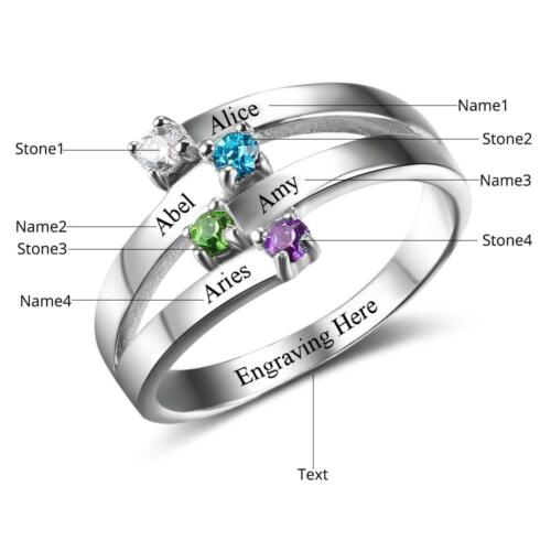 Personalized Name Engraved 925 Sterling Silver Ring - 2 Heart Birthstones and Customized Engravings Band - Sterling Silver Personalized Mother's Rings - Trendy Jewelry Collection For Women