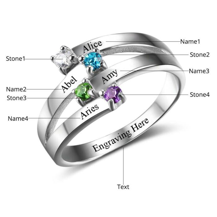 925 Sterling Silver Ring for Women- Custom 4 Birthstone and 4 Name DIY Ring for Mother