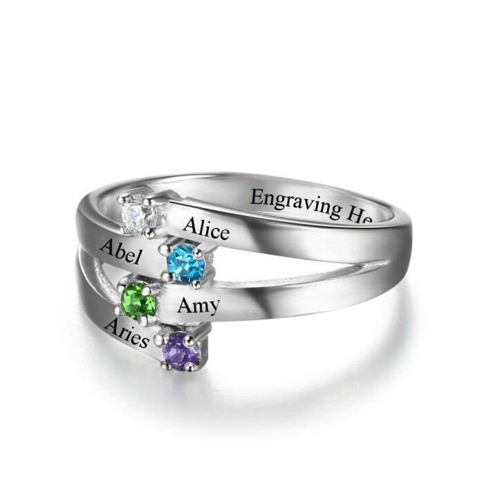 925 Sterling Silver Ring for Women- Custom 4 Birthstone and 4 Name DIY Ring for Mother