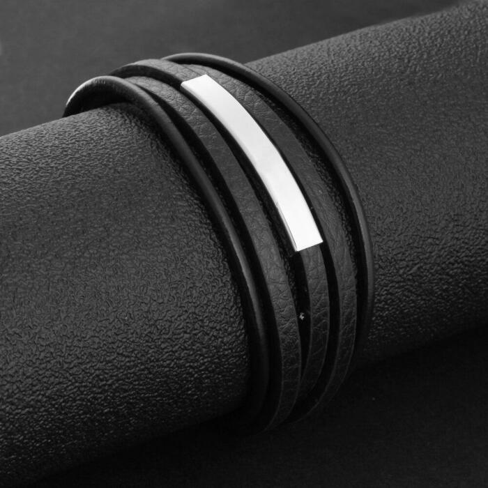 Genuine Leather Stainless Steel Stylish Bracelets for Men, Multiple Layer Wristband, Jewelry Gift
