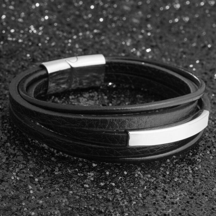 Genuine Leather Stainless Steel Stylish Bracelets for Men, Multiple Layer Wristband, Jewelry Gift