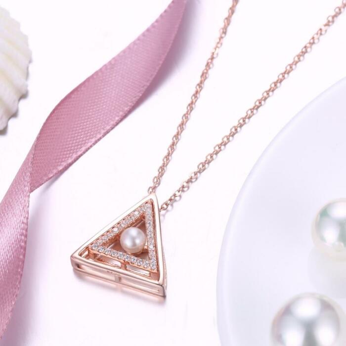 Sterling Silver Rose Gold Color Necklace with Triangle Design Simulated Pearl Pendant for Women