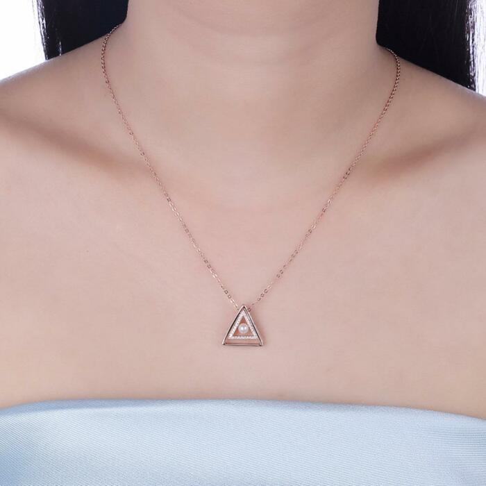 Sterling Silver Rose Gold Color Necklace with Triangle Design Simulated Pearl Pendant for Women