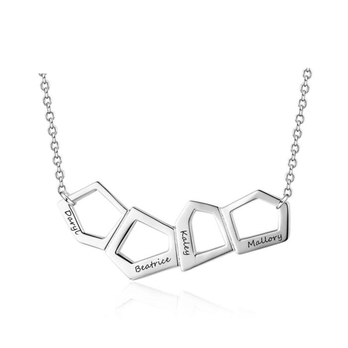 Personalized Women’s 925 Sterling Silver Custom 4 Name Necklace with Geometric-Shaped Pendant, Trendy Jewelry for Best Friends