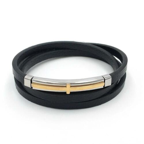 Trendy Genuine Leather Stainless Steel Cross Bracelets for Men, Double Layer Wristband, Jewelry Gift
