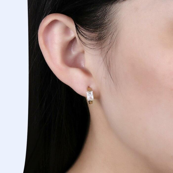Golden Hoop Earrings for Women- CZ Square Stone Earrings for Women- Party Accessories for Women- Elegant Jewelry for Women- Gold Color Hoops for Women