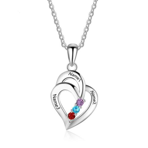 Personalized Sterling Silver Necklace & Heart-Shaped Engrave Name Pendant with Birthstones