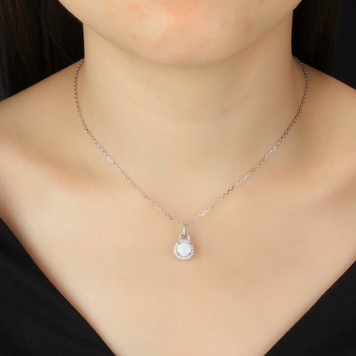 925 Sterling Silver Fashion Necklace with Round Milky Opal Pendant, Jewelry Gift for Her