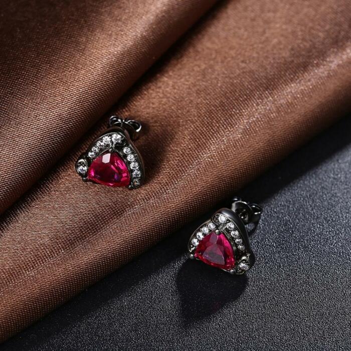 Triangle Design Red Cubic Zirconia Stud Earrings For Women Black Gun Color Party Accessorise Gifts for Her - Fashion Wedding Jewelry For Women
