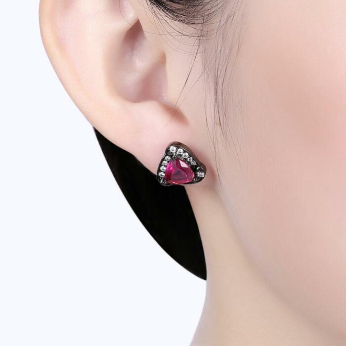 Triangle Design Red Cubic Zirconia Stud Earrings For Women Black Gun Color Party Accessorise Gifts for Her - Fashion Wedding Jewelry For Women
