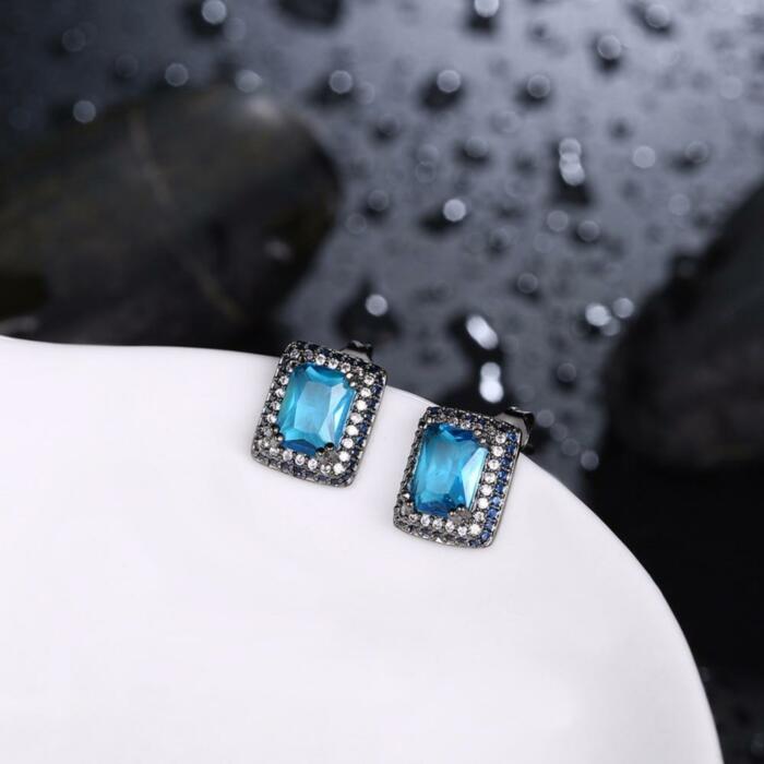 Square Shape Ear Stud - Solid Blue Cubic Zirconia Stud Earrings - Black Gun Color