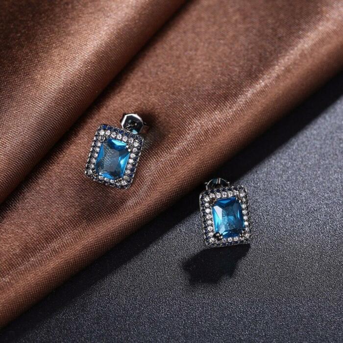Square Shape Ear Stud - Solid Blue Cubic Zirconia Stud Earrings - Fashion Jewelry For Women - Trendy Earring Collection For Girls - Black Gun Color Party Accessorise Gifts for Her