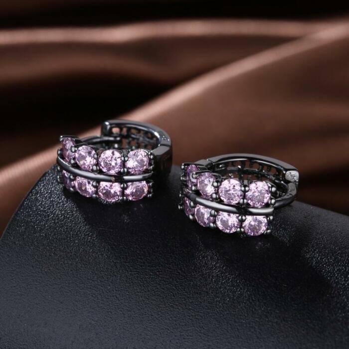 Fashion Double Row Black Gun Color Hoop Earrings with Pink Cubic Zirconia for Women, Party Gift Accessorise for Her