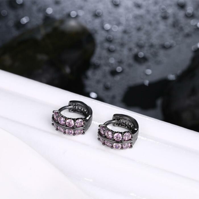 Fashion Double Row Black Gun Color Hoop Earrings with Pink Cubic Zirconia for Women, Party Gift Accessorise for Her