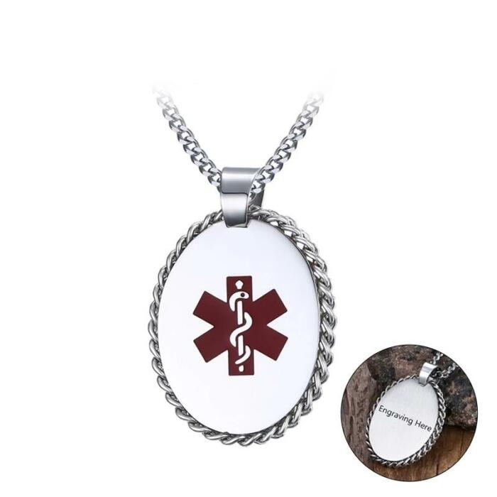 Personalized Pendant Necklace - Medical Alert ID Engraved - Stainless Steel Metal - Customized Gifts