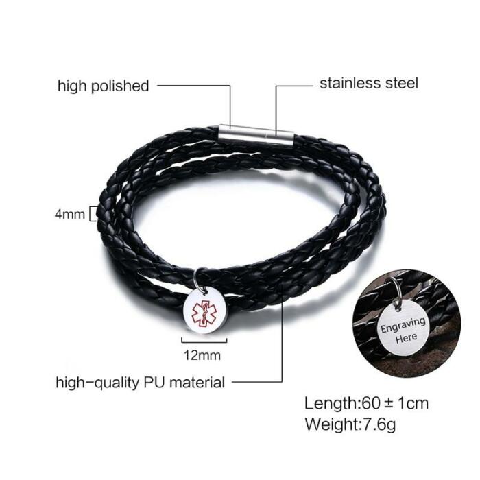Personalized Medical ID Leather Bracelet - Genuine Black PU Leather Vintage Style Braided Band