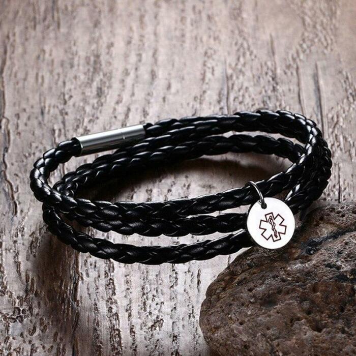 Personalized Medical ID Leather Bracelet - Genuine Black PU Leather Vintage Style Braided Band - Best Gift for Christmas, Birthday, & Anniversary