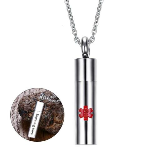 Rotate to Open Cylinder Stainless Steel Pendant Necklace with Medical Alert ID & Engrave Name Option, Unisex Jewelry Gift