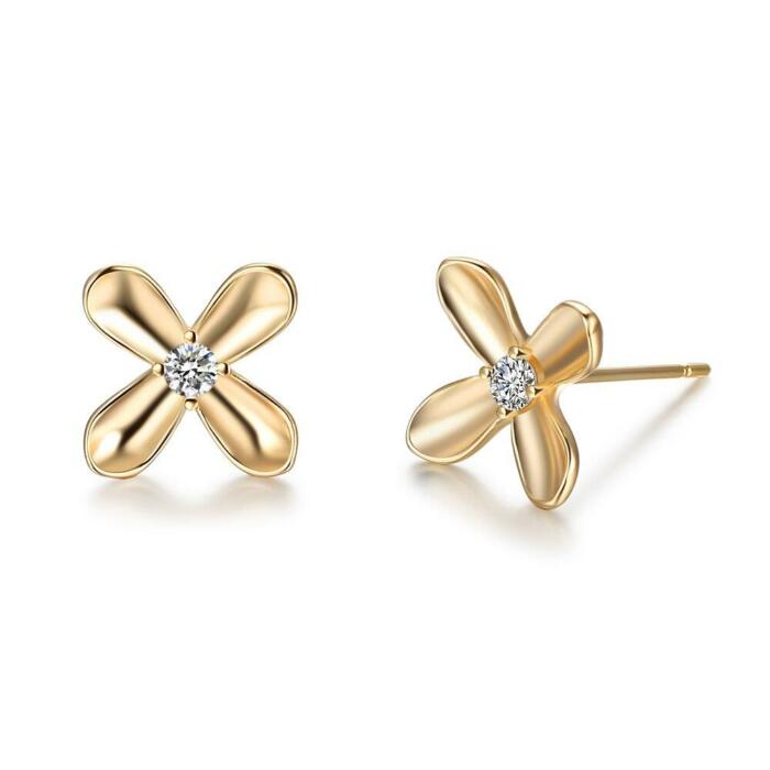 Gold Color Floral Design Earrings- Stainless Steel Stud Earrings- Cubic Zirconia Stone Stud Earring- Jewelry Gift for Her- Party Accessories for Women